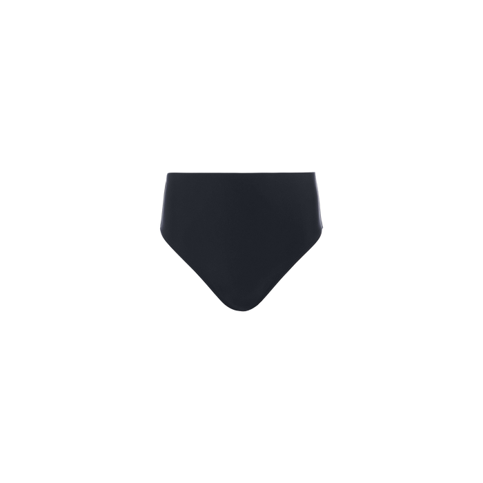 The Vanessa High-Waisted Bikini Bottom is a versatile black swimwear piece featuring a high-waisted design and moderate coverage, displayed on a white background.