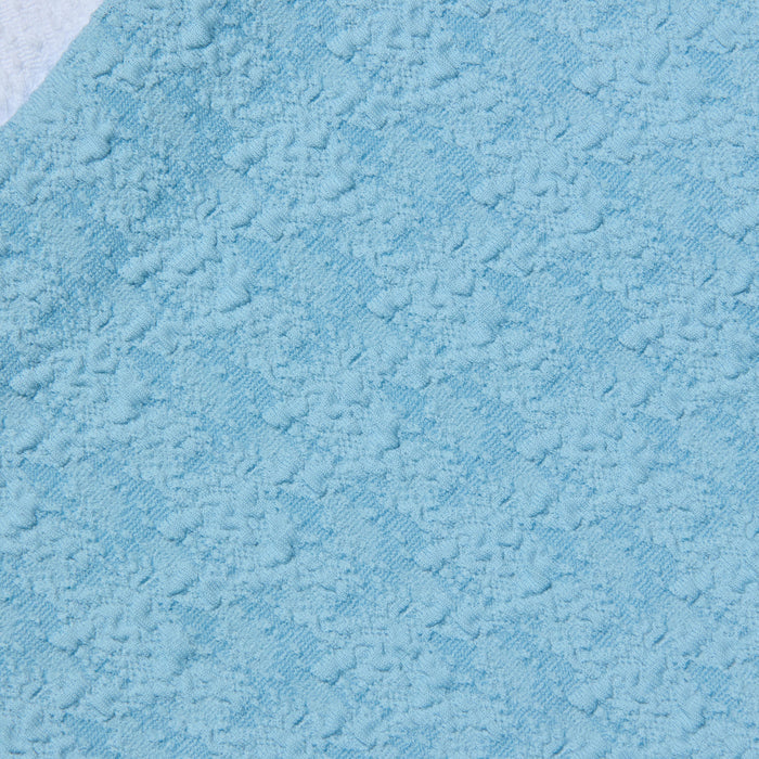 Close-up of the Vanessa High-Waisted Bikini Bottom in light blue bouclé swim fabric, featuring a raised, patterned surface with diagonal lines and soft, fluffy patches throughout.