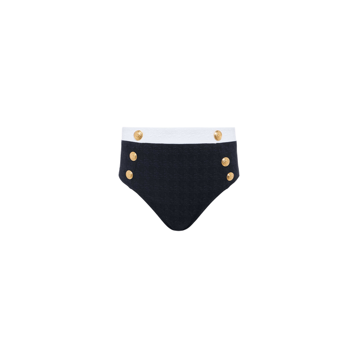 Vanessa High-Waisted Bikini Bottom in textured black bouclé fabric, designed with a white waistband and six gold decorative buttons—three on each side of the front. Shown against a plain white background.