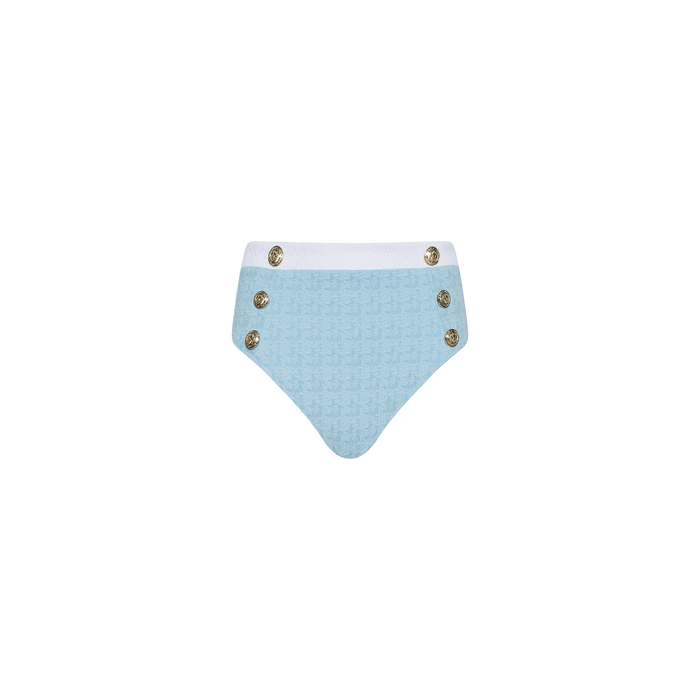 The Vanessa High-Waisted Bikini Bottom is crafted from bouclé swim fabric in light blue, featuring a supportive high-waisted fit, a white waistband, and four decorative gold buttons on the front. It offers moderate coverage and is displayed on a plain white background.