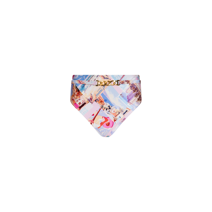 The Vanessa High-Waisted Bikini Bottom showcases a vibrant postcard print and is accented with a gold chain detail along the waistband, set against a plain white background.