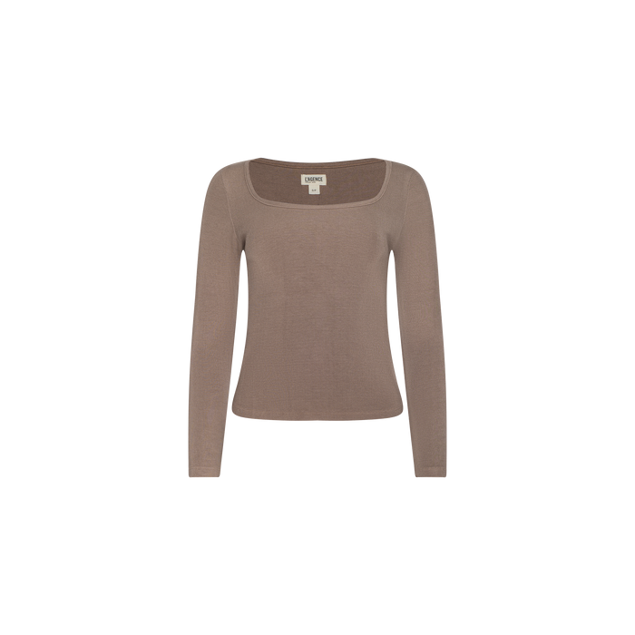 The Vanya Scoopneck Top, shown on a plain white background, is a taupe long-sleeve knit featuring a flattering square neckline and crafted from soft stretch rib fabric.