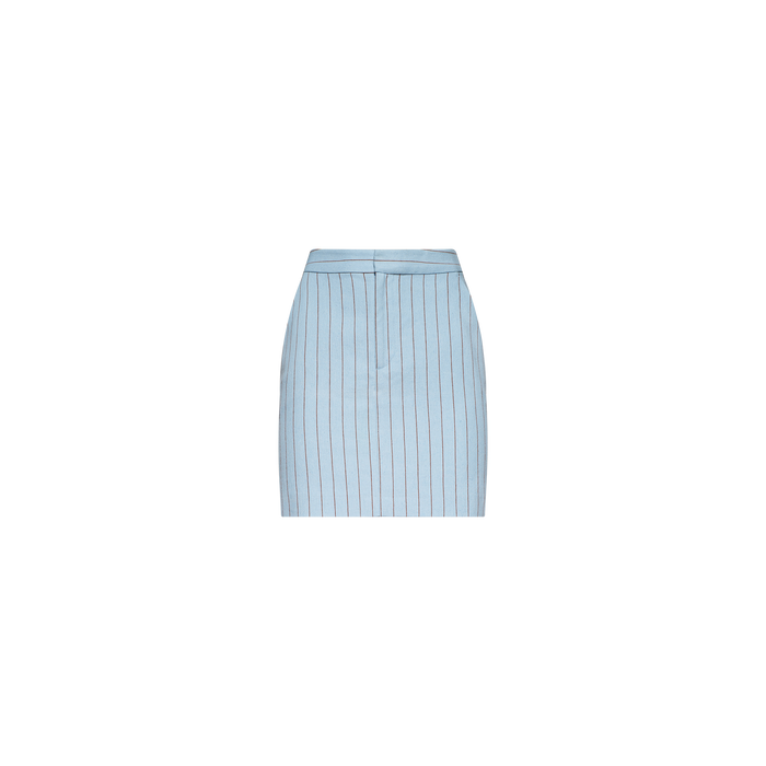 The Vera Pinstriped Mini Skirt is a light blue, cotton-blend mini skirt featuring vertical thin dark blue stripes. Designed with a fitted waist, front seam, and simple tailored silhouette, it is displayed on a plain white background.