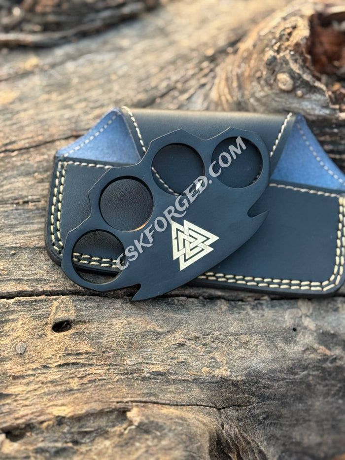 Viking-Inspired Black Powder-Coated Brass Knuckles with Valknut Design cskforged