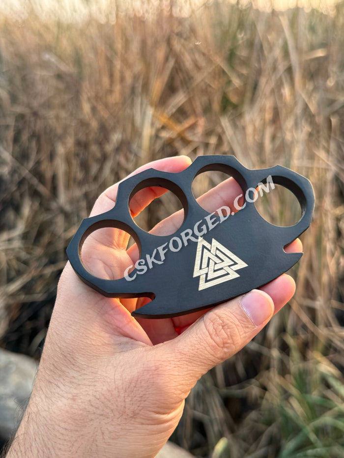 Viking-Inspired Black Powder-Coated Brass Knuckles with Valknut Design cskforged