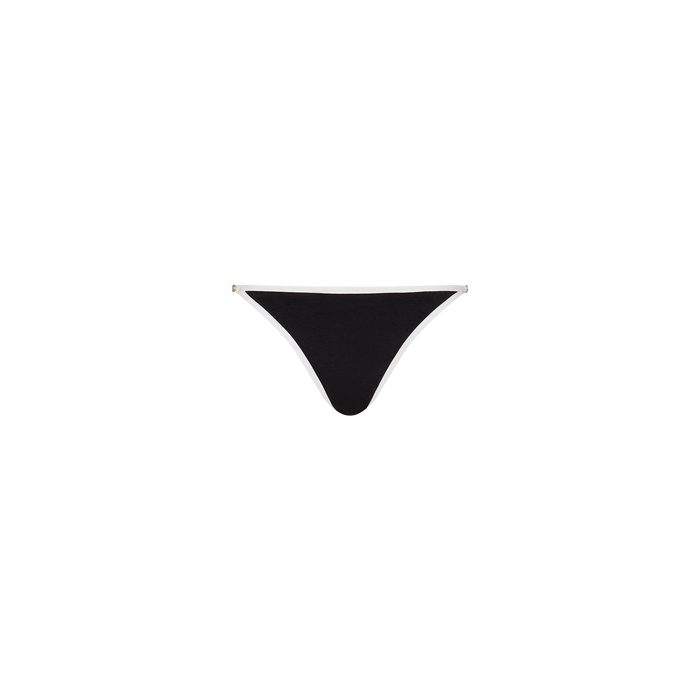 The Violet String Bikini Bottom is a classic string bikini bottom in black with white trim, offering UPF 50 protection and displayed against a plain white background.
