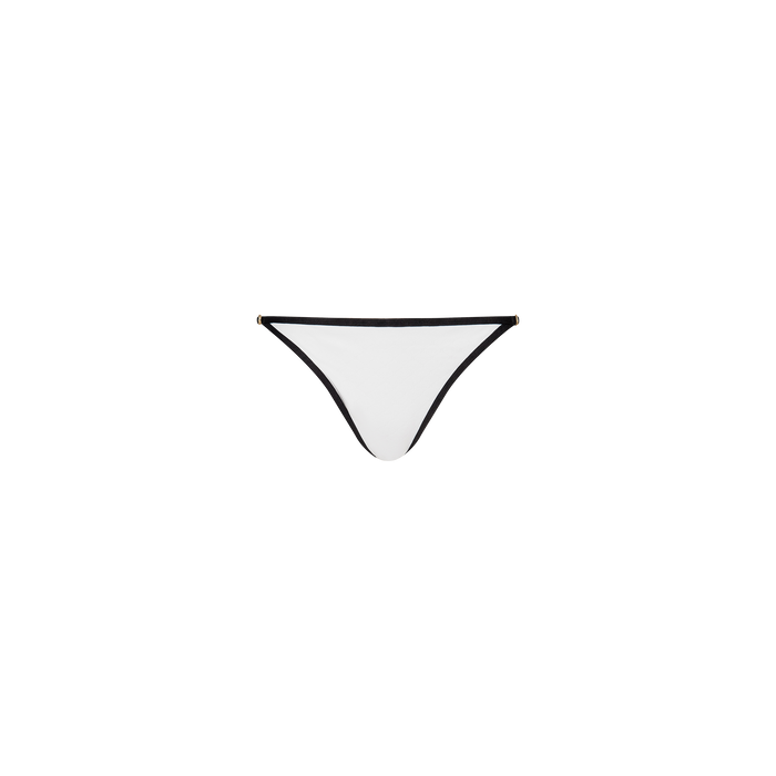 The Violet String Bikini Bottom features a minimalist white design accented with a thin black waistband and trim, shown against a plain white background.