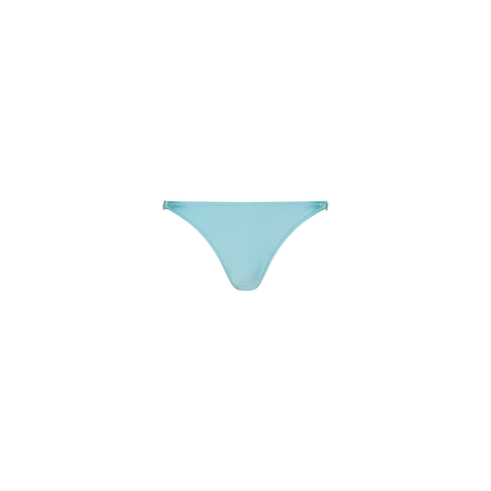 The Violet String Bikini Bottom is shown on a plain white background, featuring a simple, minimal design in ice blue and offering UPF 50 protection.