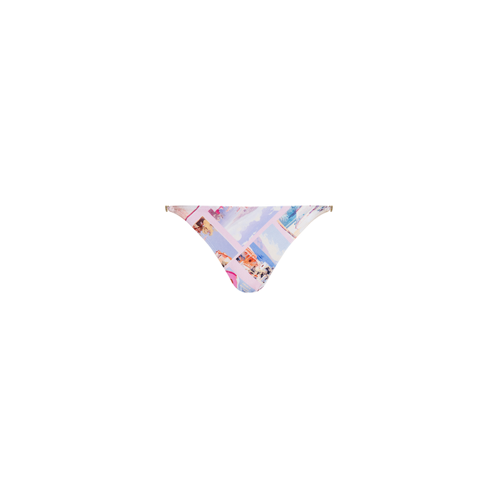 The Violet String Bikini Bottom showcases a pastel postcard print with beach and city scenes, and is presented against a plain white background.