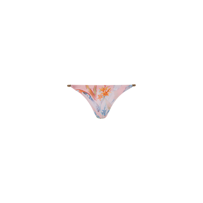 Violet String Bikini Bottom with a floral print featuring orange and blue flowers, displayed on a plain white background.