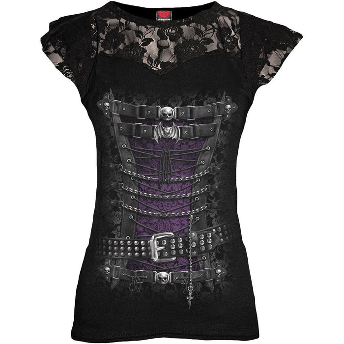 WAISTED CORSET - Lace Layered Cap Sleeve Top Black Spiral USA