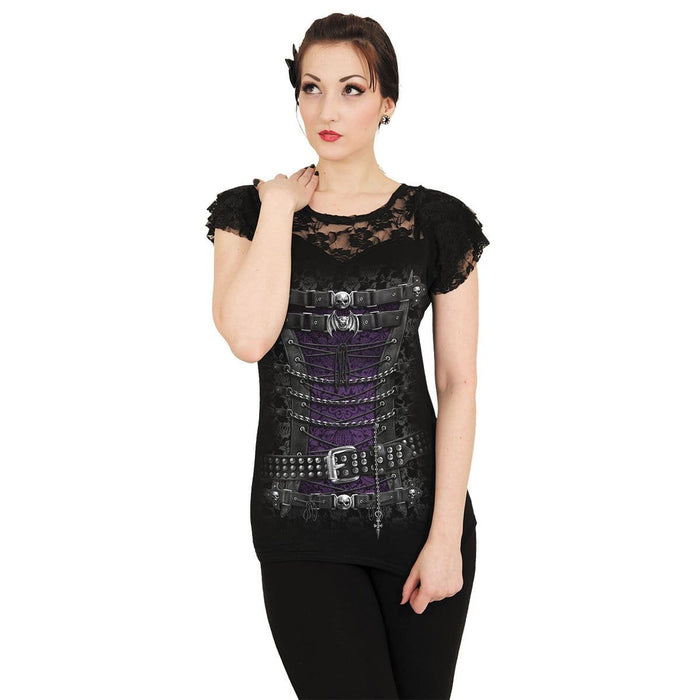 WAISTED CORSET - Lace Layered Cap Sleeve Top Black Spiral USA