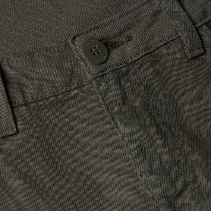 Close-up of the waistband and button of the Wanda Cropped Wide-Leg Jean in olive green, highlighting the stitching details, belt loop, and top edge of a pocket—evoking effortless Parisian style.