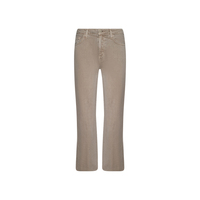 Wanda Cropped Wide-Leg Jean in a neutral tan hue, featuring a front button and zipper closure, five pockets, and subtle faded detailing, displayed on a plain white background.