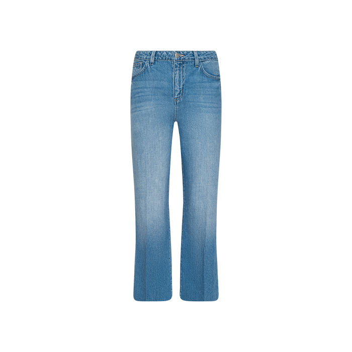 Sure Here’s the revised sentence using your product data: The Wanda Cropped Wide-Leg Jean in light blue is crafted from all-cotton denim and features a high waist, wide, cropped legs, a button and zip closure, as well as front and back pockets, displayed on a plain white background.