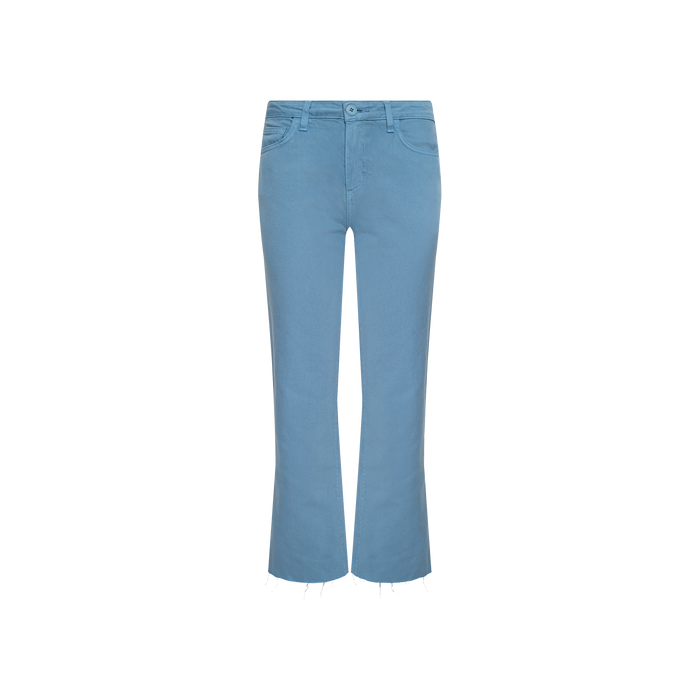 The Wanda Cropped Wide-Leg Jean features a light blue wash, mid-rise waist, classic five-pocket design, and frayed hems, shown against a plain white background.