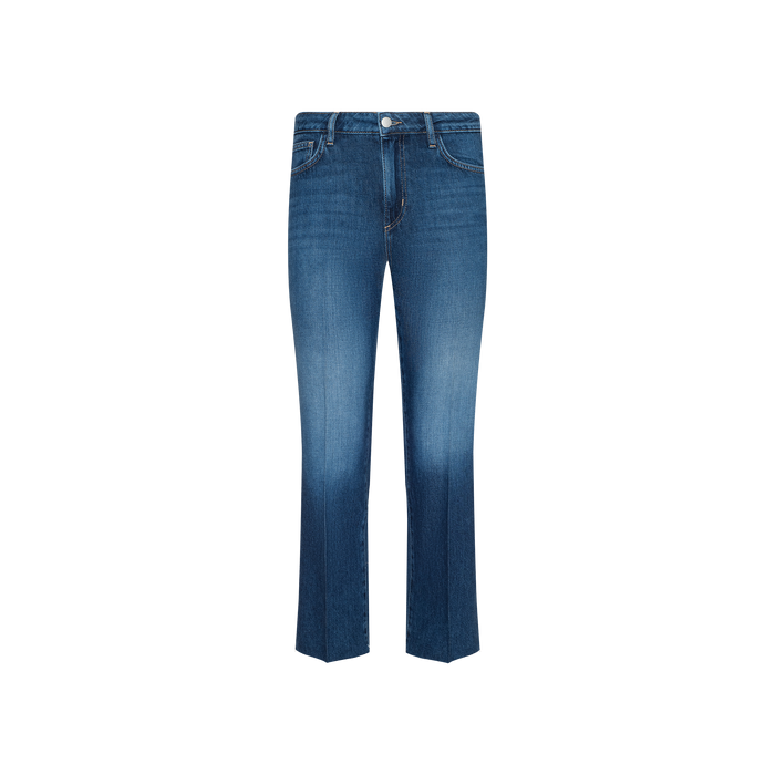 Wanda Cropped Wide-Leg Jean in blue features a high-rise waist, wide-leg silhouette, and subtle fading on the thighs. Crafted from featherweight denim, these jeans include front and back pockets, belt loops, and a button closure. Displayed on a plain white background.