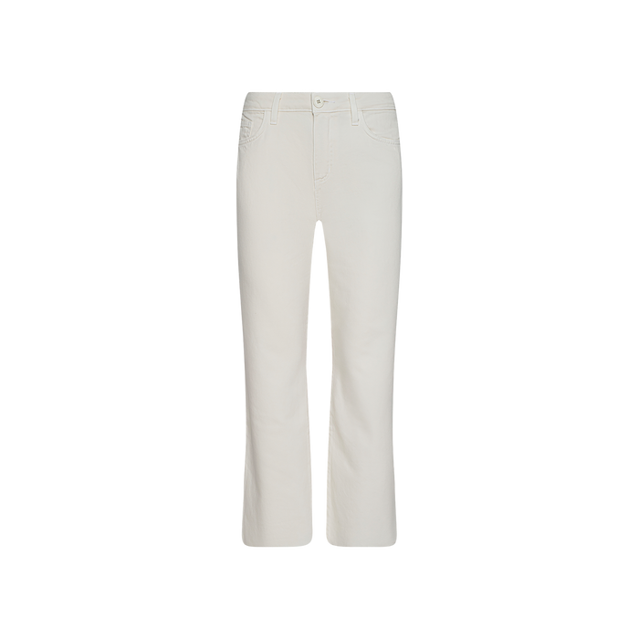 Wanda Cropped Wide-Leg Jeans in an ecru wash displayed on a plain white background, featuring a button and zipper closure, front and back pockets, and belt loops. Crafted from lightweight denim for comfortable all-day wear.