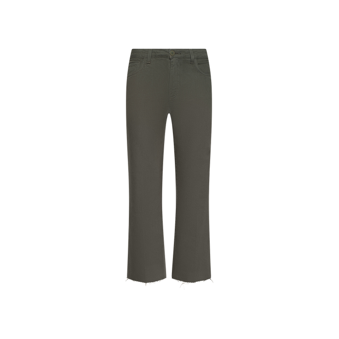 The Wanda Cropped Wide-Leg Jean in olive green features a button closure, front and back pockets, and raw, unfinished hems, embodying effortless Parisian style against a plain white background.