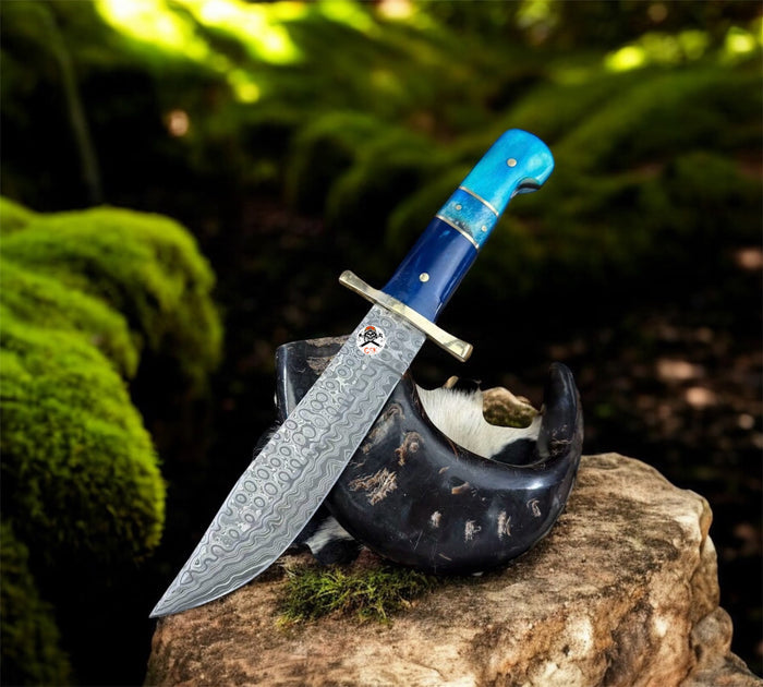 Western Knife with Blue & Turquoise Handle and Brass Guard cskforged
