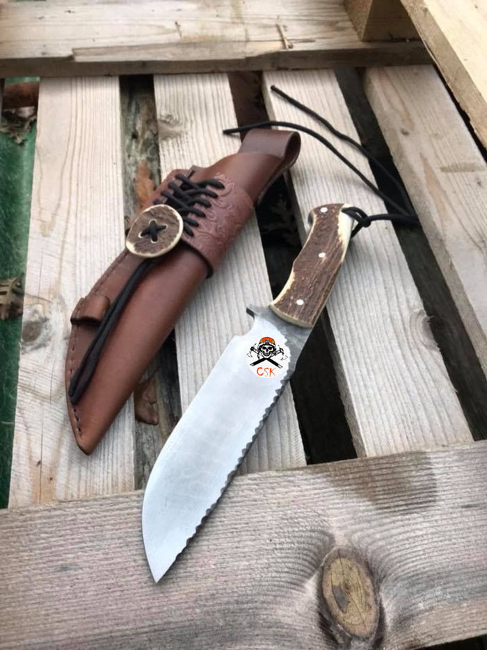 Western Sheath Hunting Knife – 11" D2 Steel Blade with Antler Handle cskforged