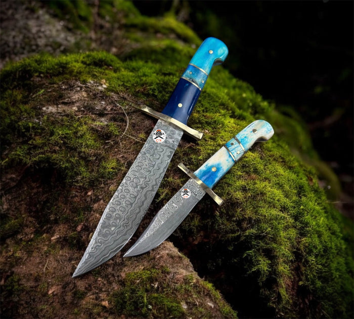 Western-Style Damascus Steel Knife Set with Blue & Turquoise Bone Handles and Brass Guards cskforged