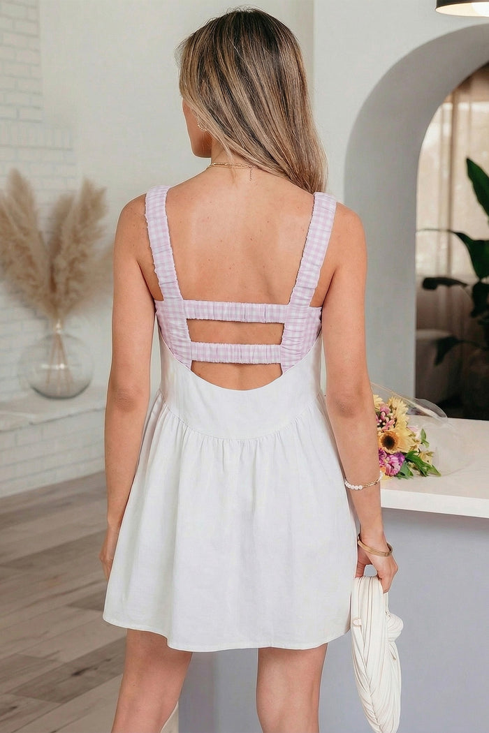 White Faux Two Piece Gingham Contrast Patchwork Loose Mini Dress Shewin