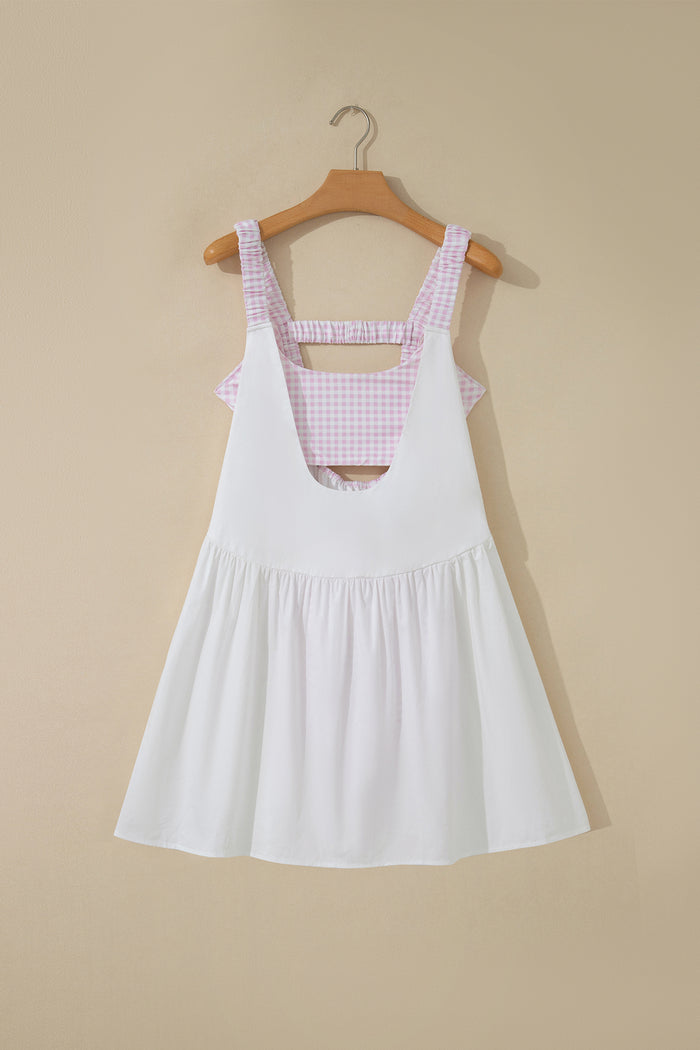 White Faux Two Piece Gingham Contrast Patchwork Loose Mini Dress Shewin