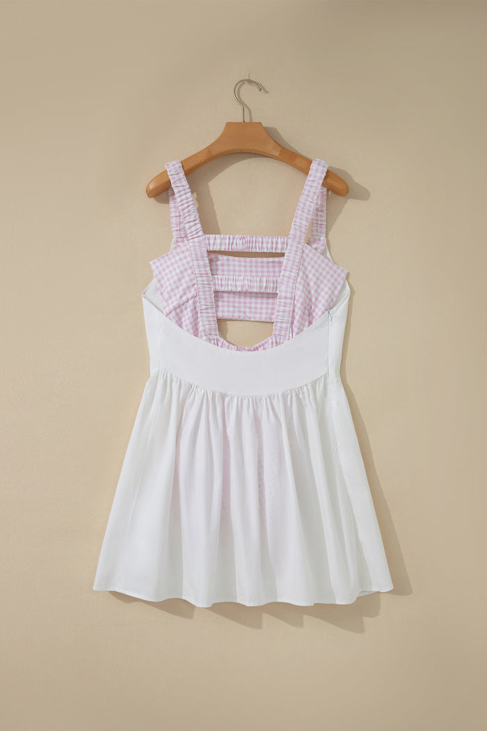 White Faux Two Piece Gingham Contrast Patchwork Loose Mini Dress Shewin