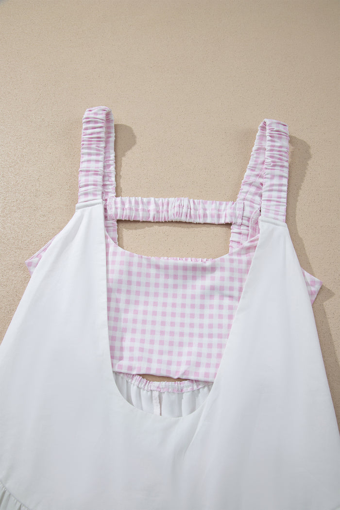 White Faux Two Piece Gingham Contrast Patchwork Loose Mini Dress Shewin