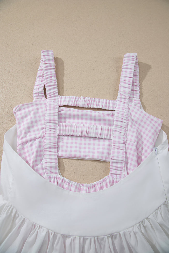 White Faux Two Piece Gingham Contrast Patchwork Loose Mini Dress Shewin