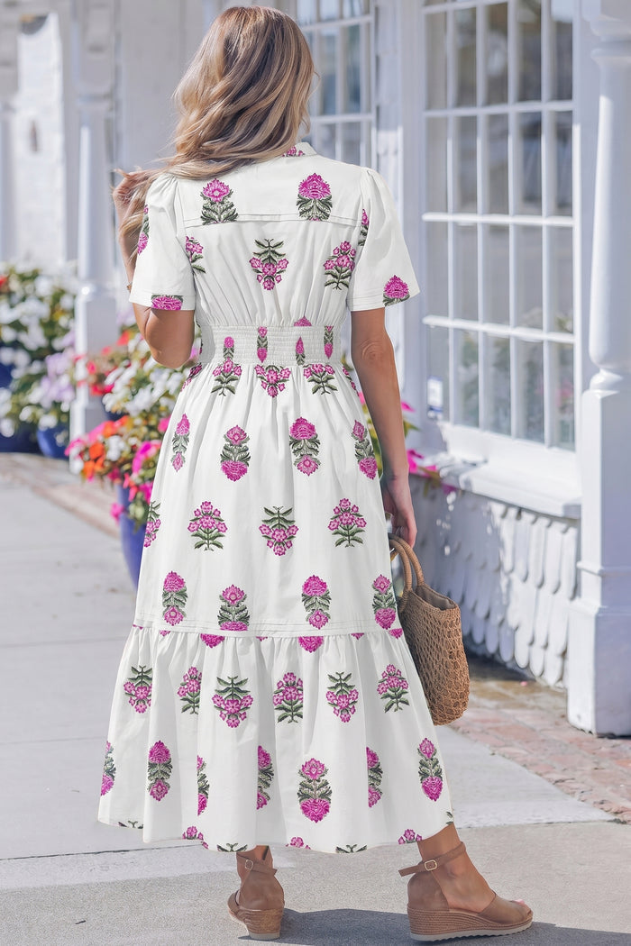 White Floral Print Split Neck Shirred High Waist Ruffle Hem Maxi Dress