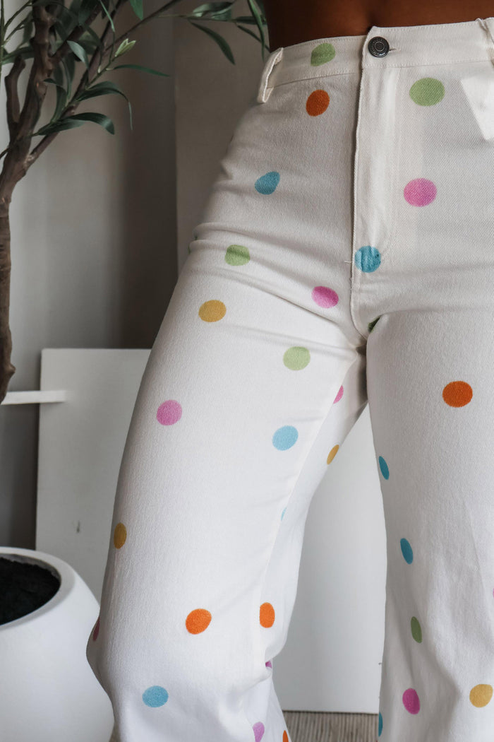 White High Waist Polka Dot Straight Leg Casual Jeans Shewin