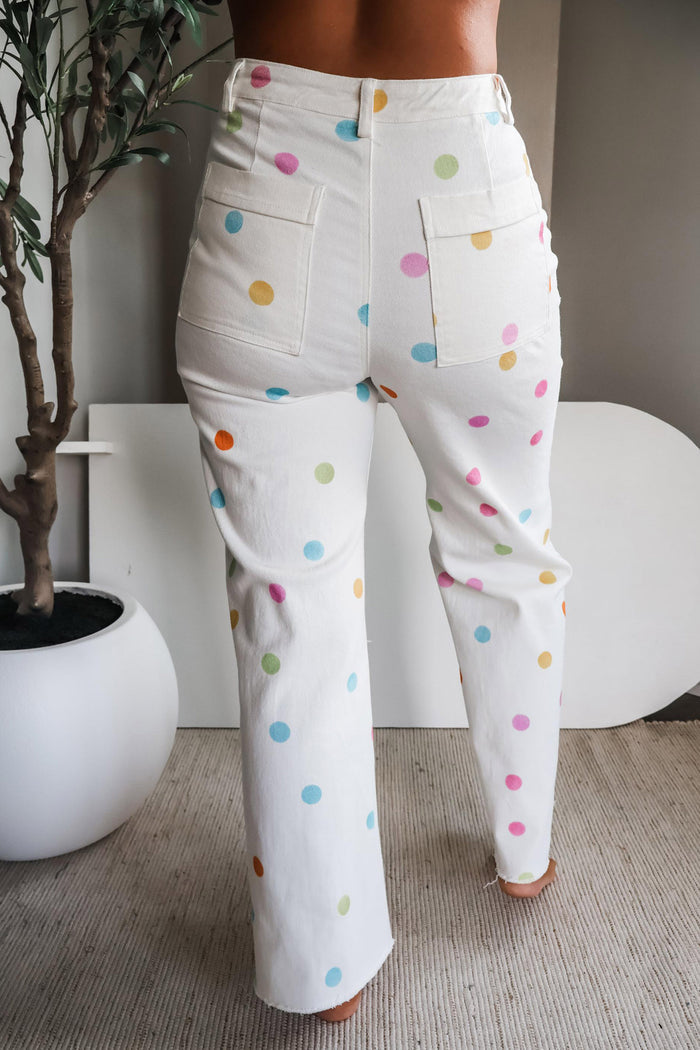 White High Waist Polka Dot Straight Leg Casual Jeans Shewin