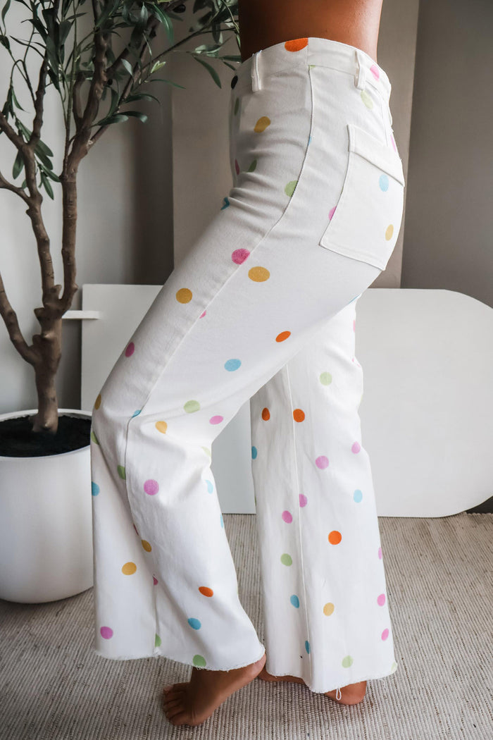 White High Waist Polka Dot Straight Leg Casual Jeans Shewin