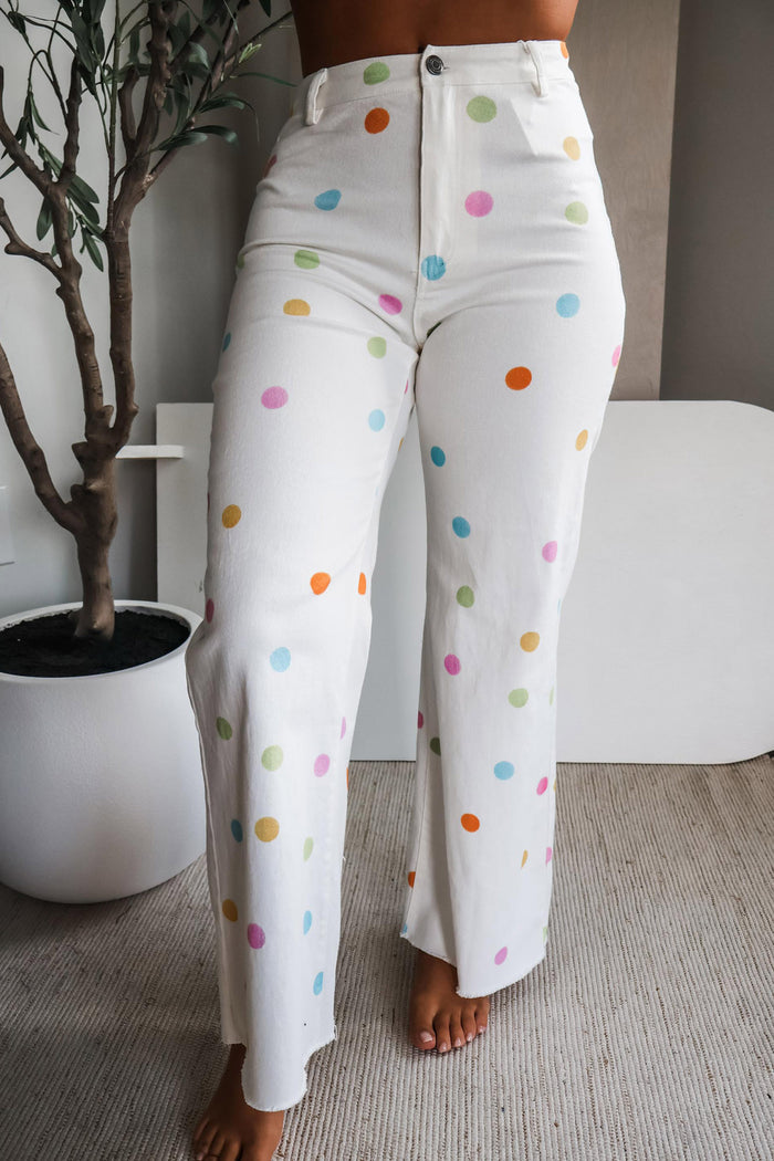 White High Waist Polka Dot Straight Leg Casual Jeans Shewin