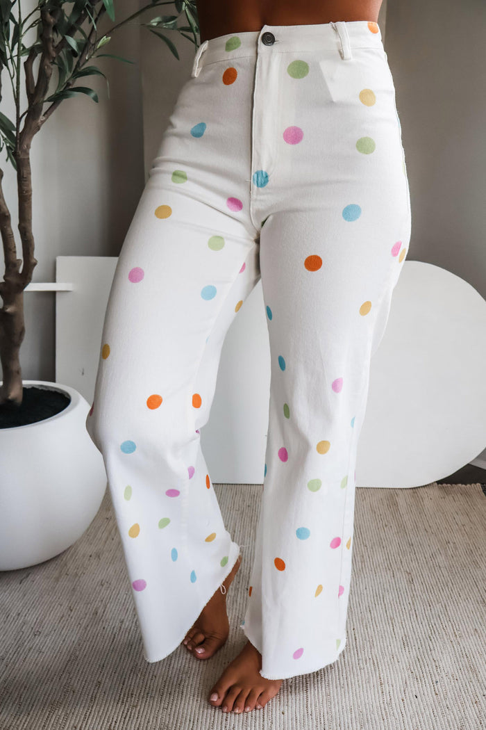 White High Waist Polka Dot Straight Leg Casual Jeans Shewin