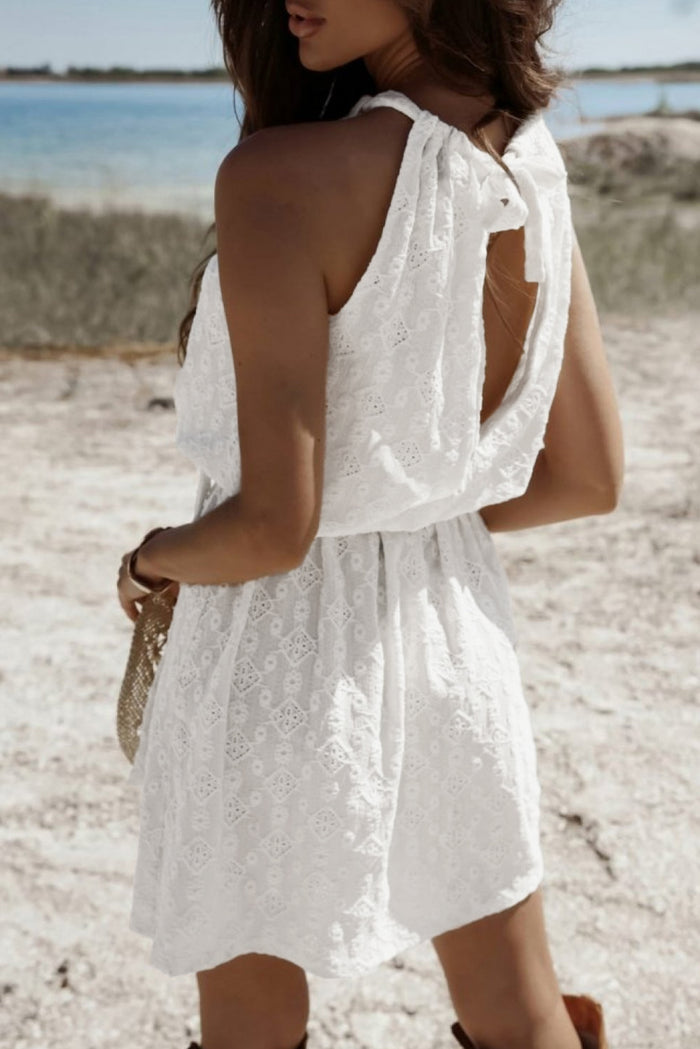 White Lace Sleeveless Knot Hollow Out Back Tied Waist Mini Dress Shewin