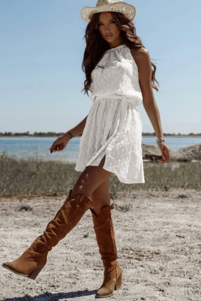 White Lace Sleeveless Knot Hollow Out Back Tied Waist Mini Dress Shewin