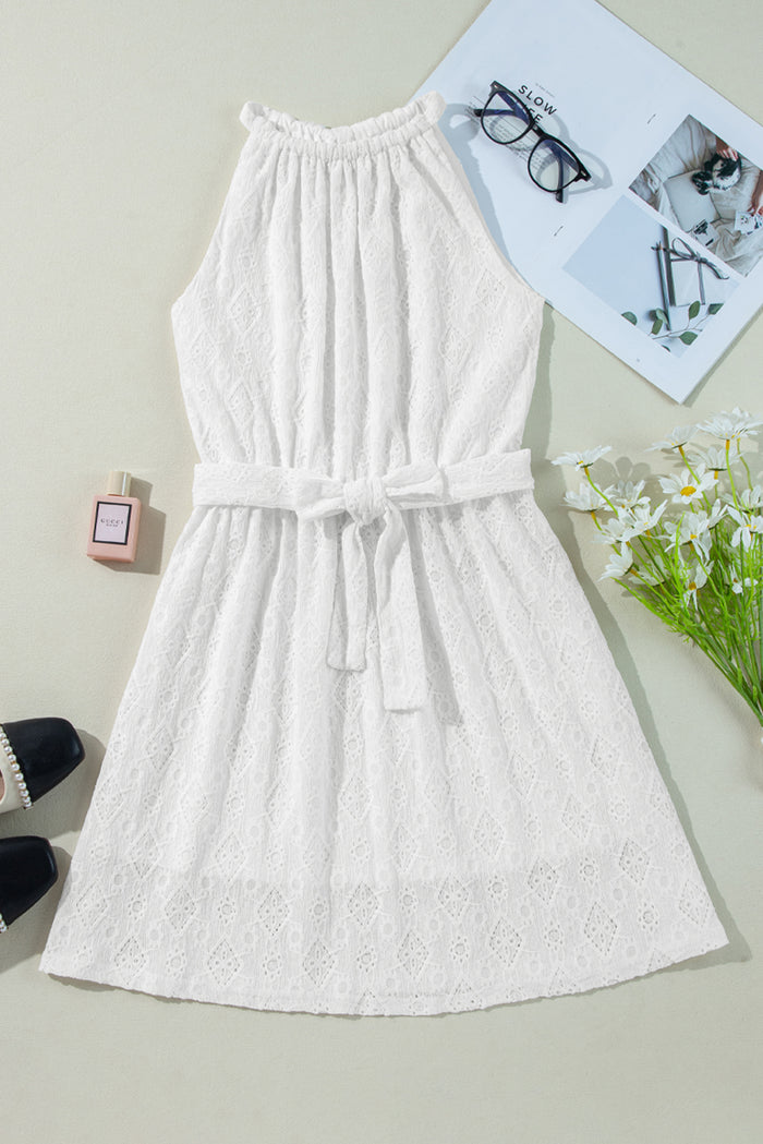 White Lace Sleeveless Knot Hollow Out Back Tied Waist Mini Dress Shewin
