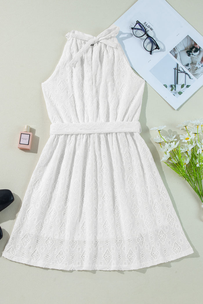 White Lace Sleeveless Knot Hollow Out Back Tied Waist Mini Dress Shewin