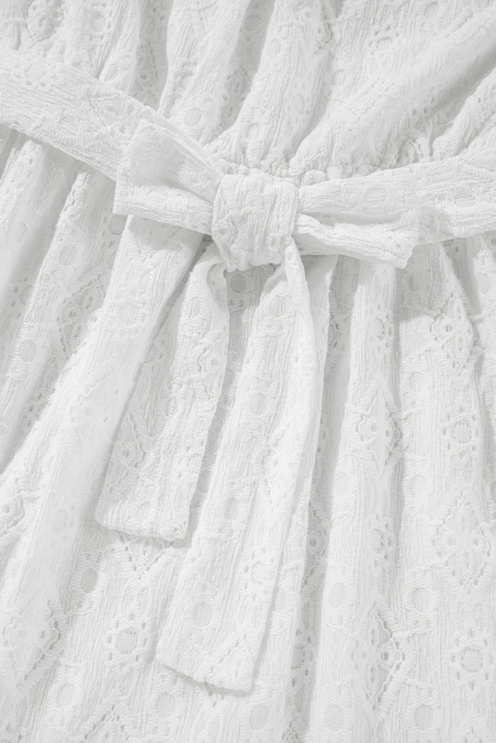 White Lace Sleeveless Knot Hollow Out Back Tied Waist Mini Dress Shewin