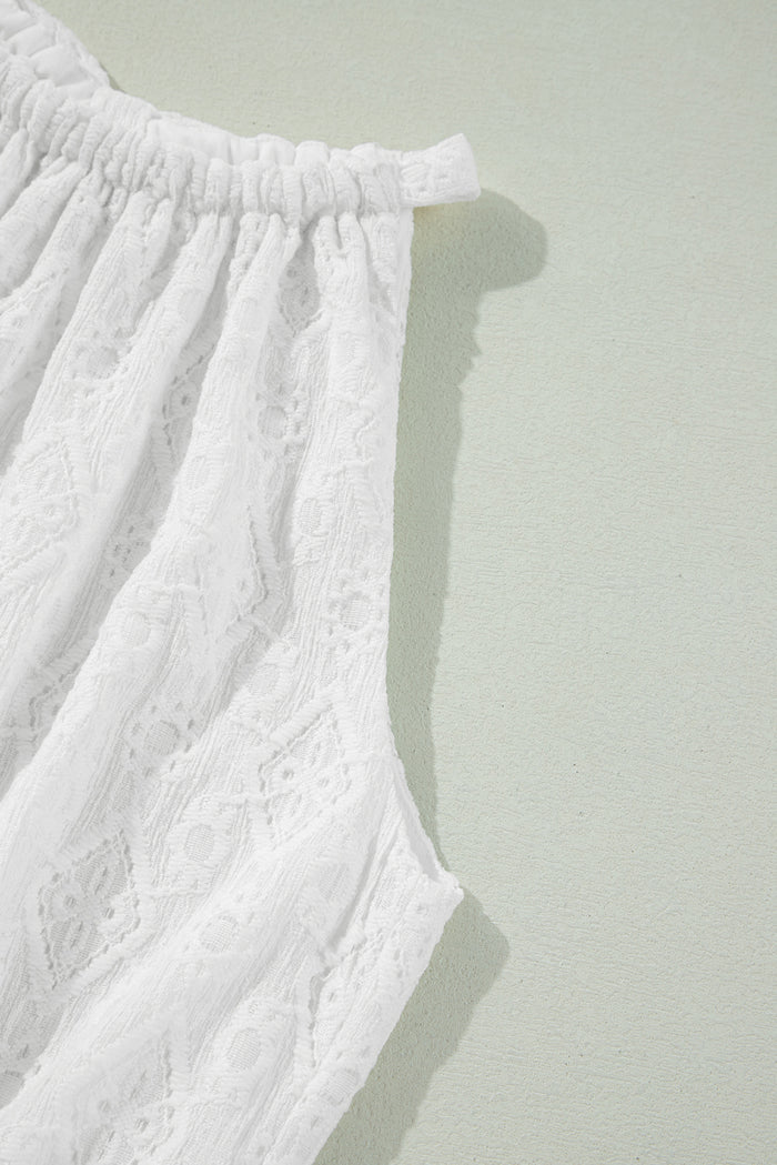 White Lace Sleeveless Knot Hollow Out Back Tied Waist Mini Dress Shewin
