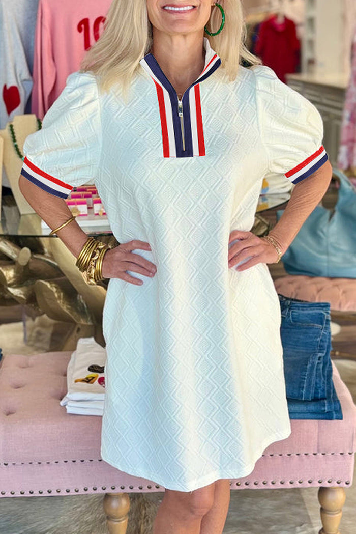 White Pop of Color Neckline Plaid Textured Puff Sleeve Mini Dress Shewin