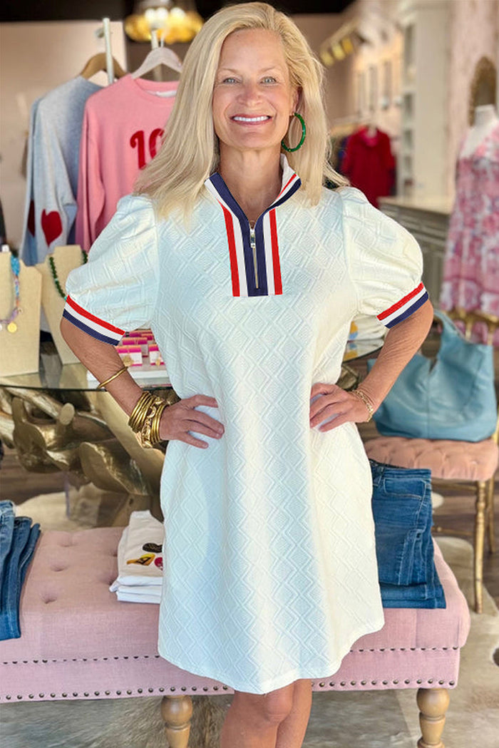 White Pop of Color Neckline Plaid Textured Puff Sleeve Mini Dress Shewin