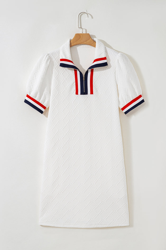 White Pop of Color Neckline Plaid Textured Puff Sleeve Mini Dress Shewin