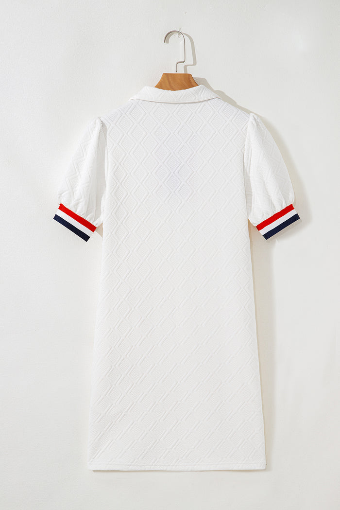 White Pop of Color Neckline Plaid Textured Puff Sleeve Mini Dress Shewin
