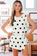White Ribbed Trim Polka Dot Print Tank Split Mini Skort 2pcs Set Shewin