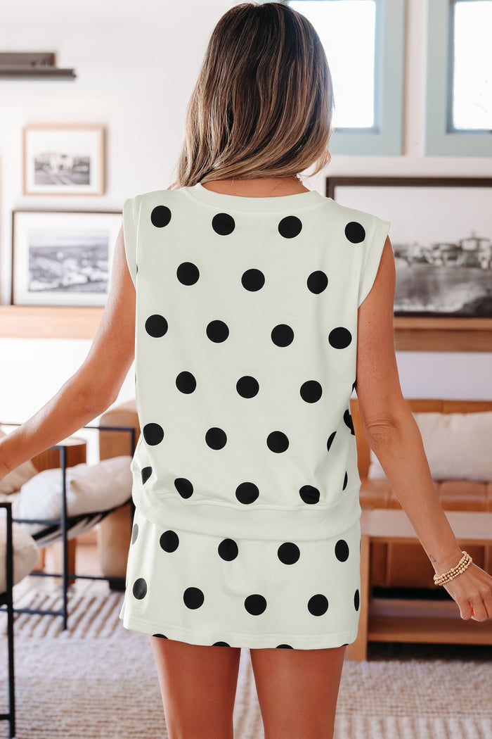 White Ribbed Trim Polka Dot Print Tank Split Mini Skort 2pcs Set Shewin