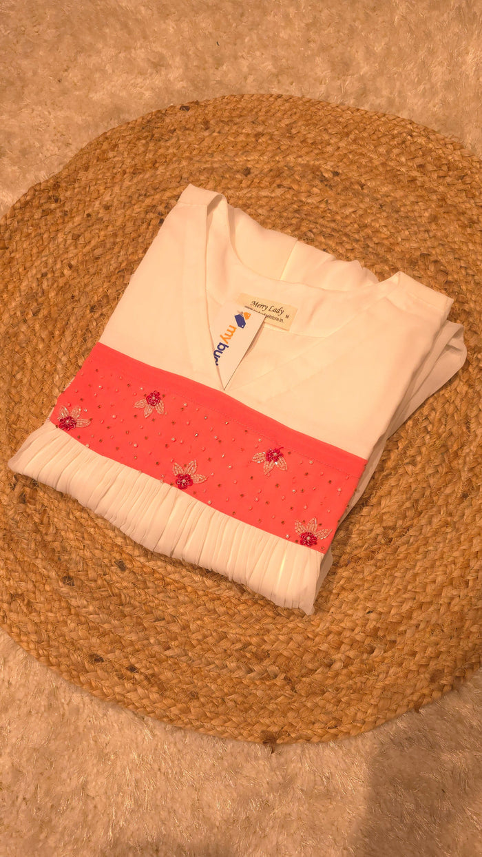 White shaded georgette A-line kurti with handworked yoke MBS-803 ** ready to dispatch** **last piece clearance sale**